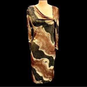 VINTAGE animal print‎ slinky bodycon midi dress asymmetrical neckline 80s party